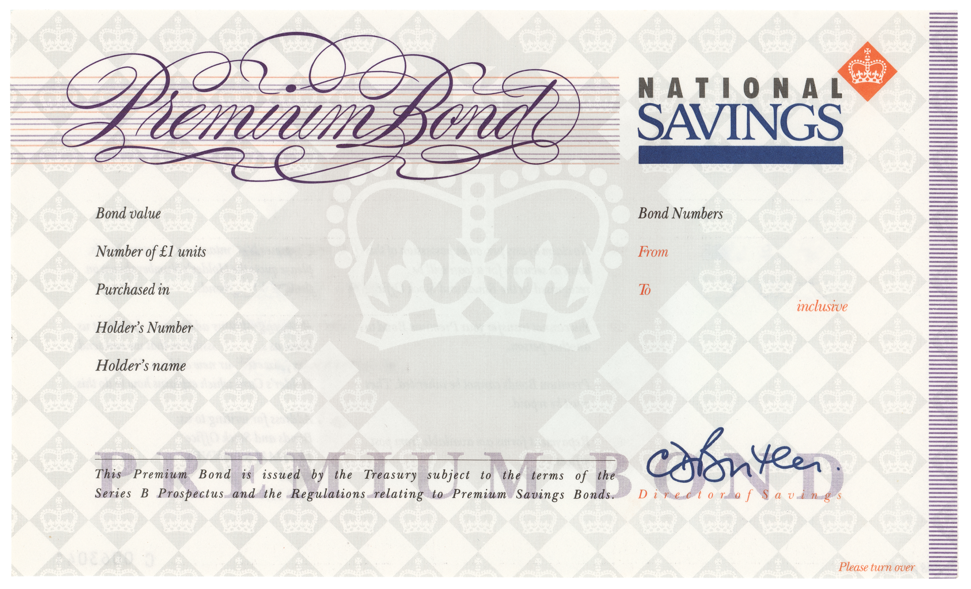 Premium Bonds certificate with curly writing